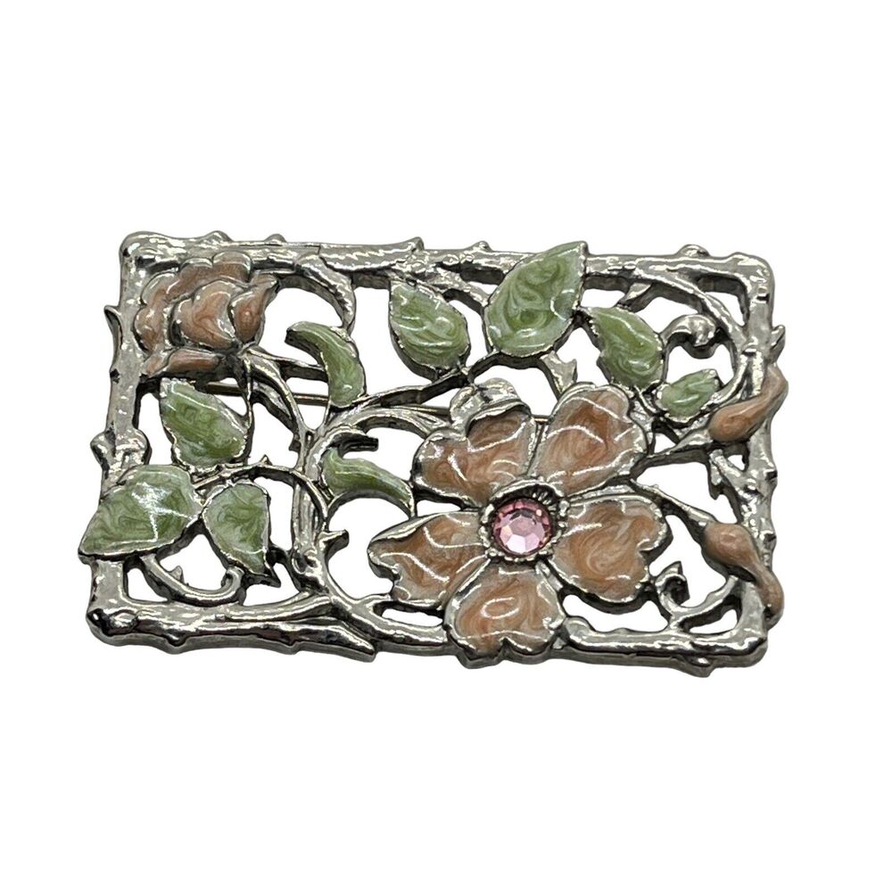 Floral Pin Brooch Silver Tone Pink Green Enamel Vintage Possibly 1928 Brand 90s